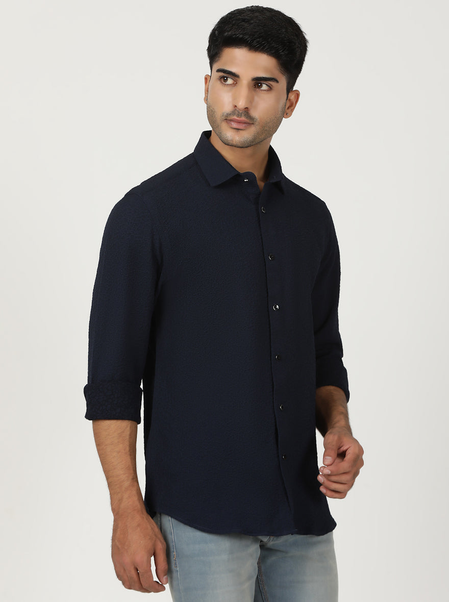 Navy Solid Slim Fit Party Wear Shirt | Greenfibre