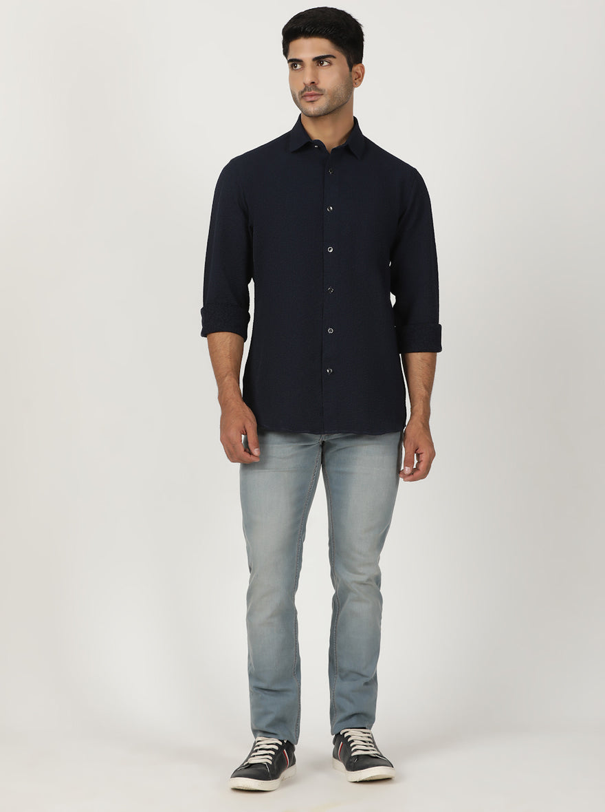 Navy Solid Slim Fit Party Wear Shirt | Greenfibre