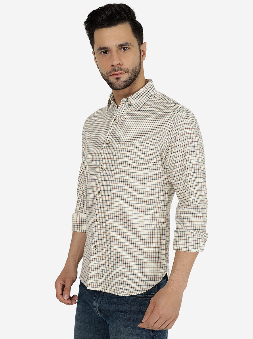 Off White Checked Slim Fit Casual Shirt | Greenfibre