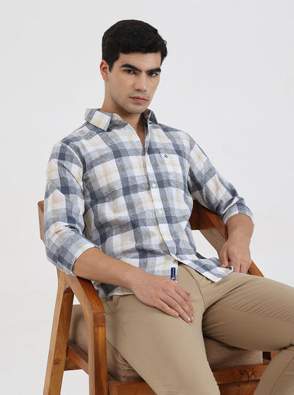 Dark Blue Checked Slim Fit Casual Shirt | Greenfibre