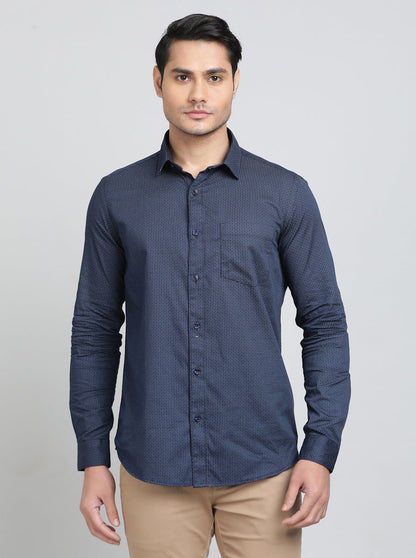 Navy Blue Printed Smart Fit Semi Casual Shirt | Greenfibre