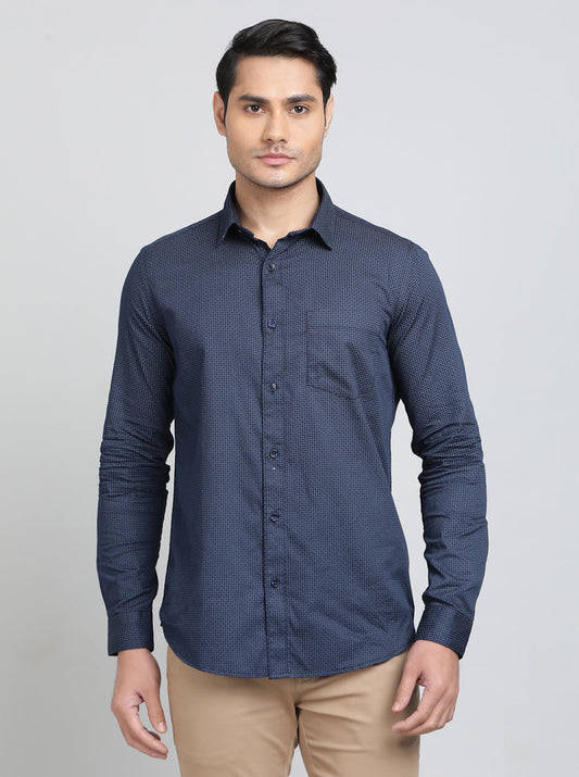 Navy Blue Printed Smart Fit Semi Casual Shirt | Greenfibre