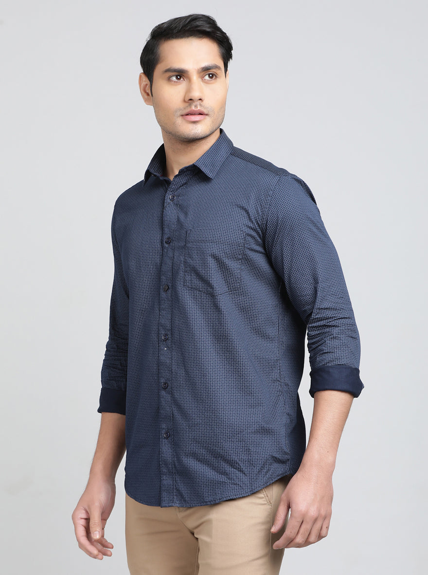 Navy Blue Printed Smart Fit Semi Casual Shirt | Greenfibre