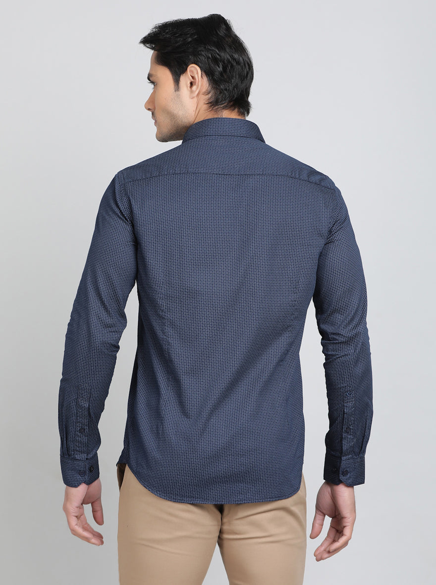 Navy Blue Printed Smart Fit Semi Casual Shirt | Greenfibre