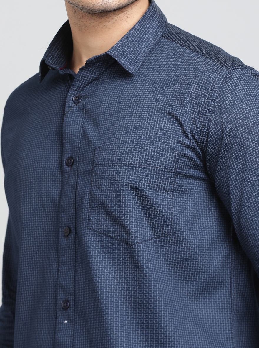 Navy Blue Printed Smart Fit Semi Casual Shirt | Greenfibre