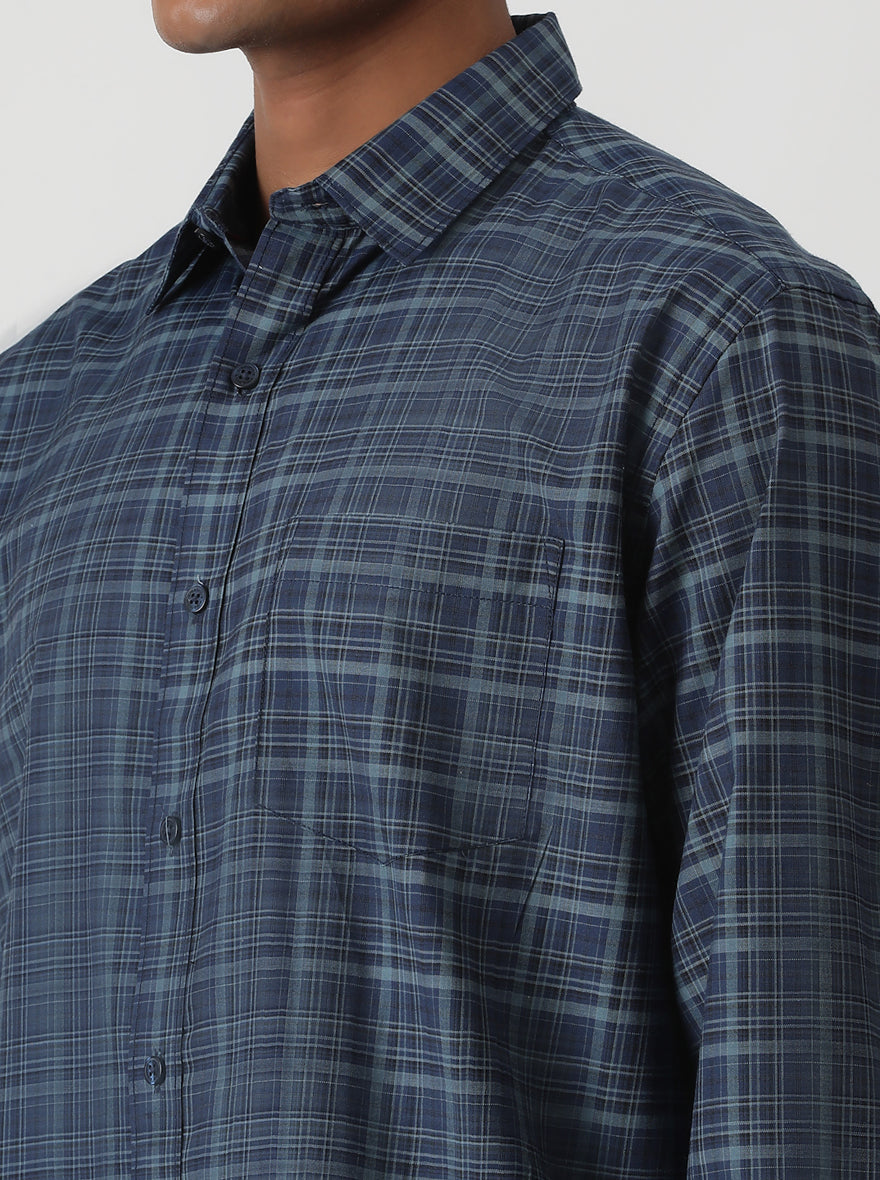 Blue Checked Smart Fit Semi Casual Shirt | Greenfibre