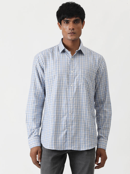 Light Blue Checked Smart Fit Semi Casual Shirt | Greenfibre