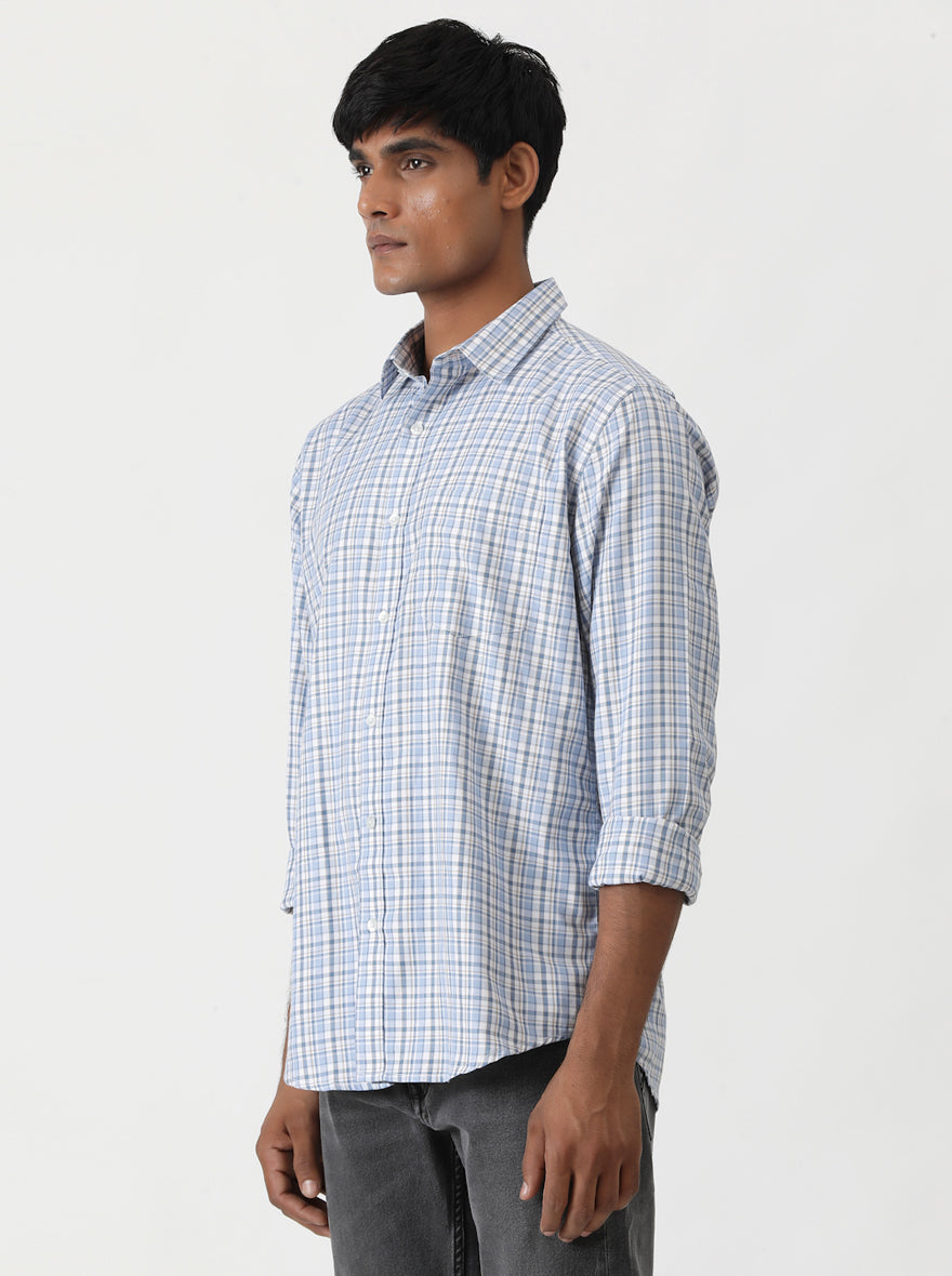 Light Blue Checked Smart Fit Semi Casual Shirt | Greenfibre