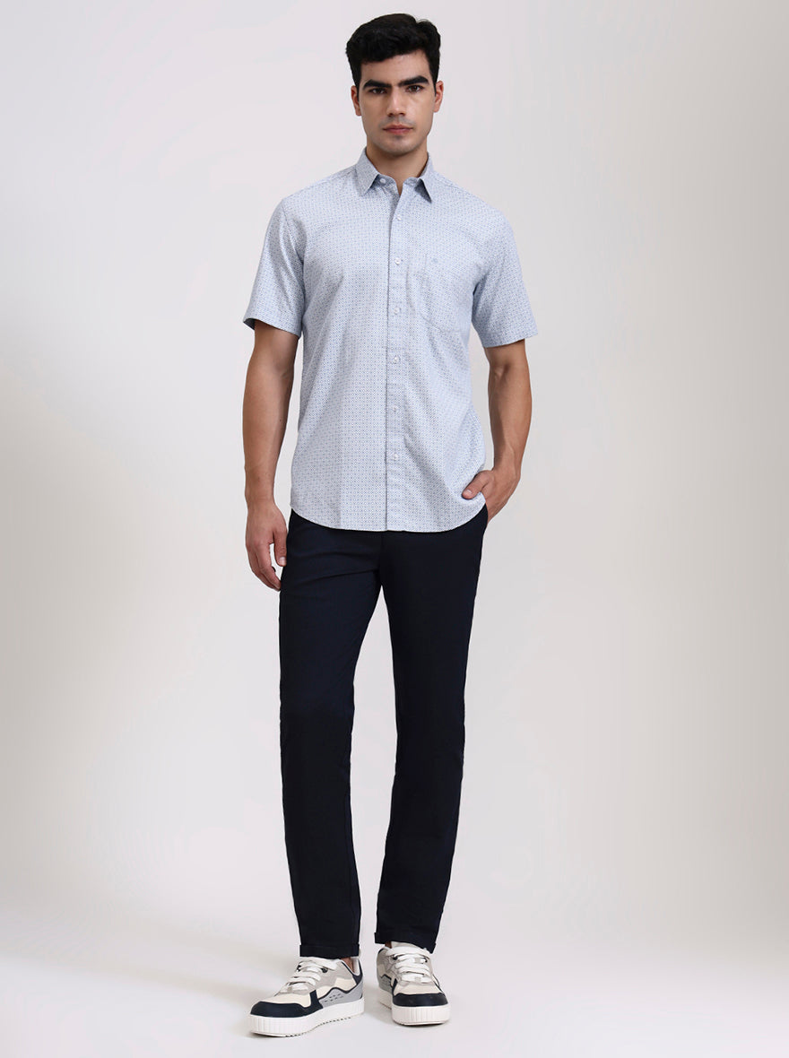Blue Printed Slim Fit Semi Casual Shirt | Greenfibre