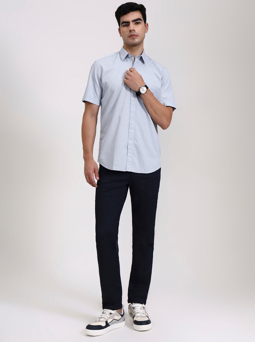 Blue Printed Slim Fit Semi Casual Shirt | Greenfibre
