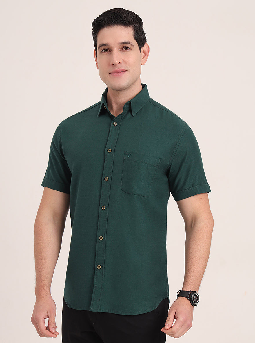 Bottle Green Solid Slim Fit Casual Shirt | Greenfibre