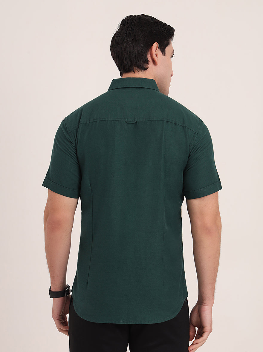 Bottle Green Solid Slim Fit Casual Shirt | Greenfibre