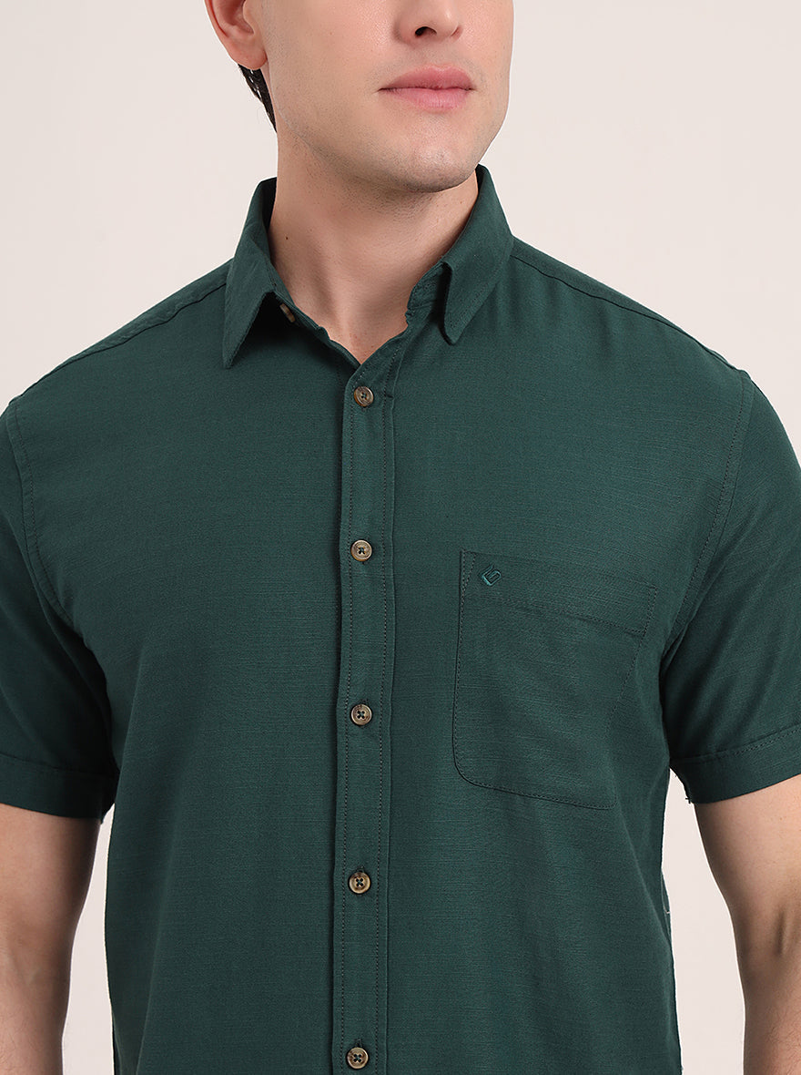 Bottle Green Solid Slim Fit Casual Shirt | Greenfibre