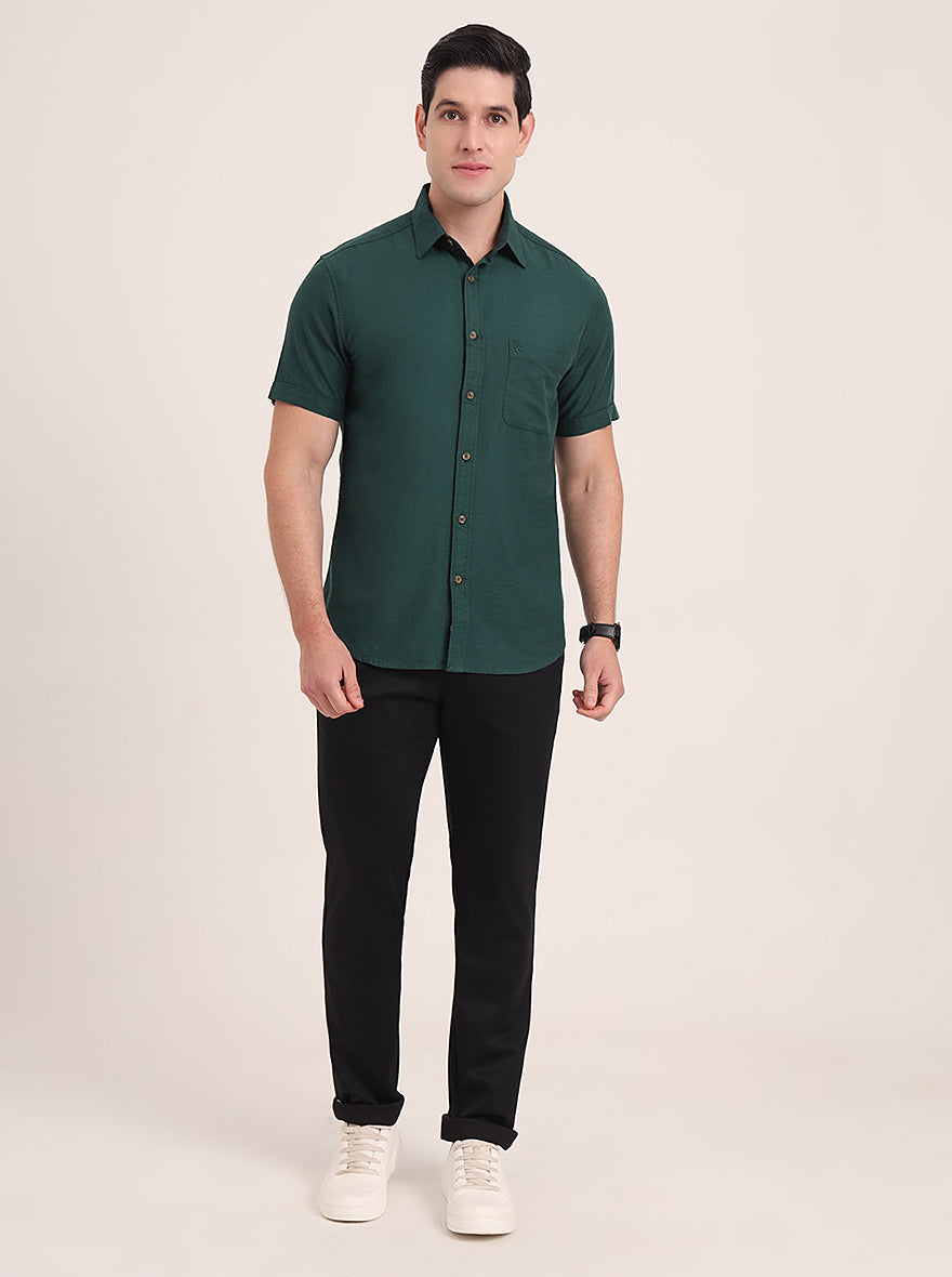 Bottle Green Solid Slim Fit Casual Shirt | Greenfibre