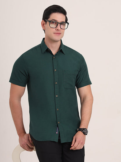 Bottle Green Solid Slim Fit Casual Shirt | Greenfibre