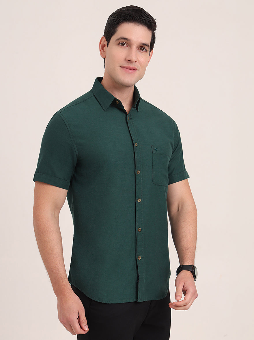 Bottle Green Solid Slim Fit Casual Shirt | Greenfibre