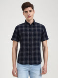Navy Blue Checked Slim Fit Casual Shirt | Greenfibre