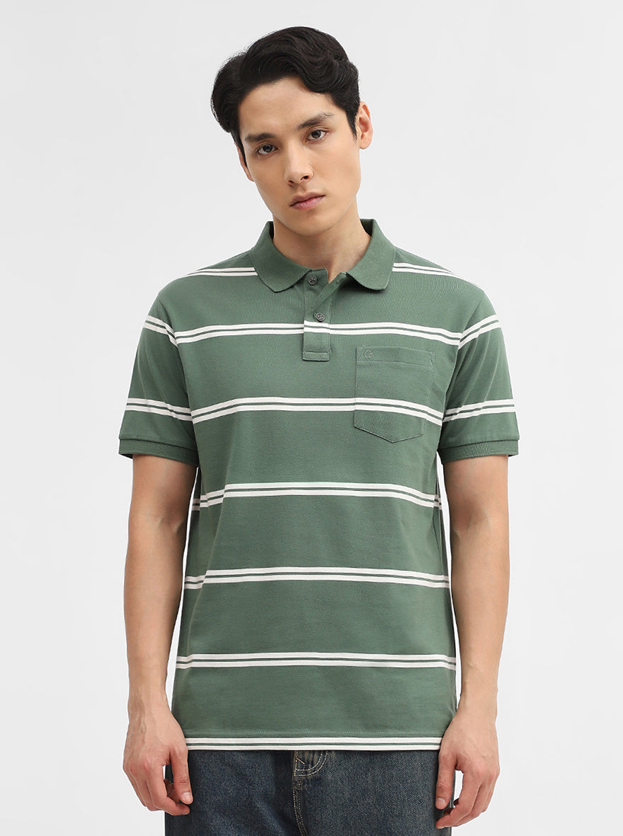 Green & White Striped Slim Fit Polo T-Shirt | Greenfibre