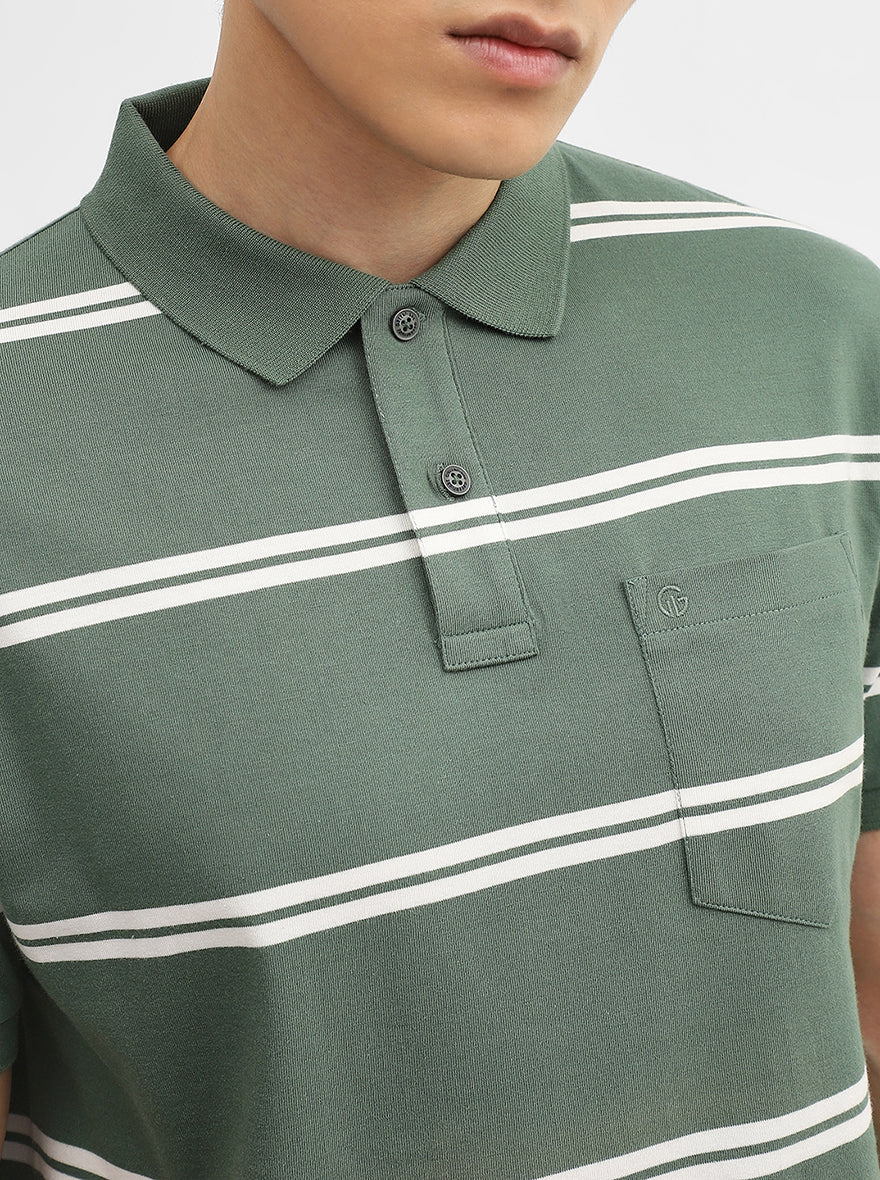 Green & White Striped Slim Fit Polo T-Shirt | Greenfibre