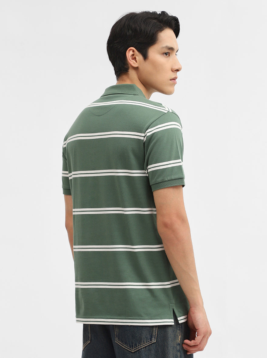 Green & White Striped Slim Fit Polo T-Shirt | Greenfibre
