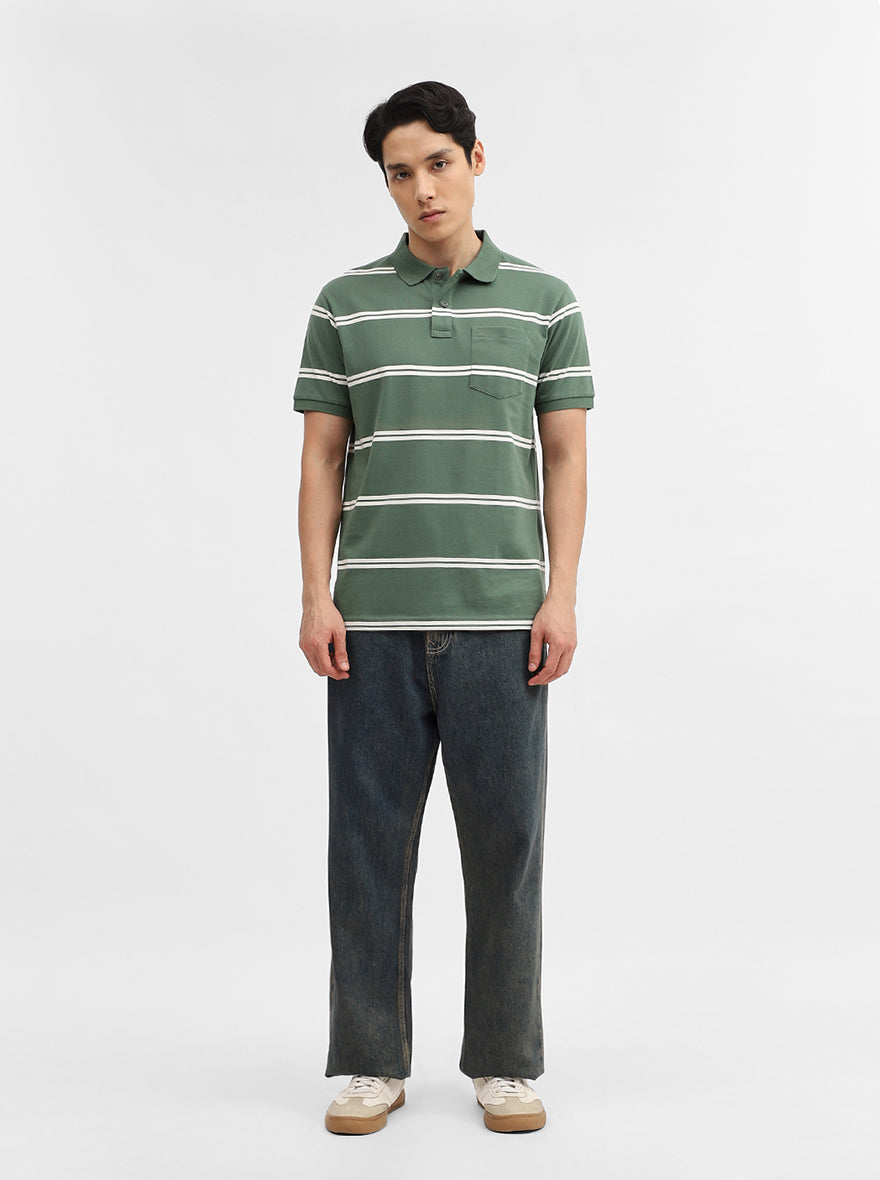 Green & White Striped Slim Fit Polo T-Shirt | Greenfibre