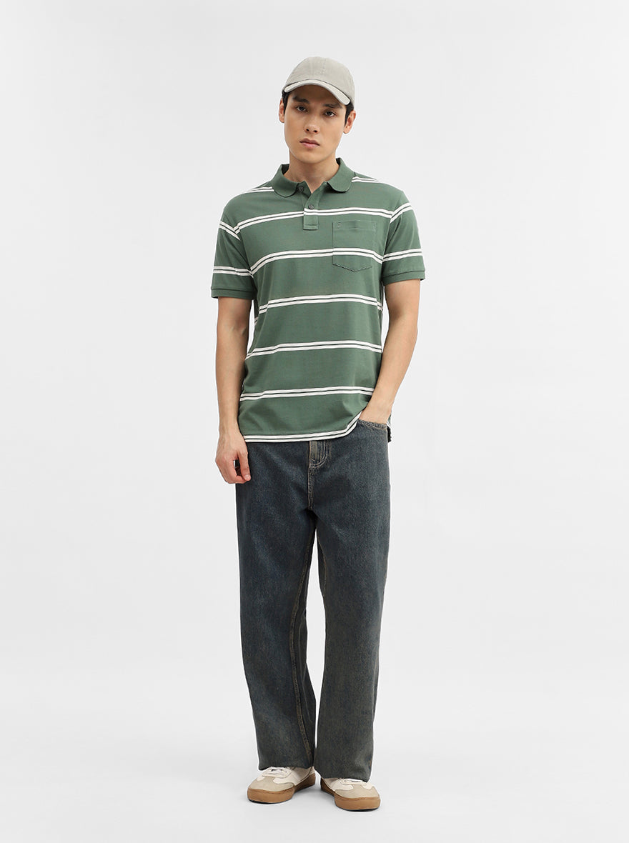 Green & White Striped Slim Fit Polo T-Shirt | Greenfibre