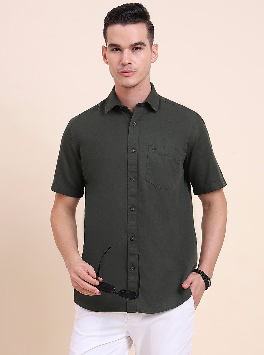 Olive Green Solid Smart Fit Semi Casual Shirt | Greenfibre