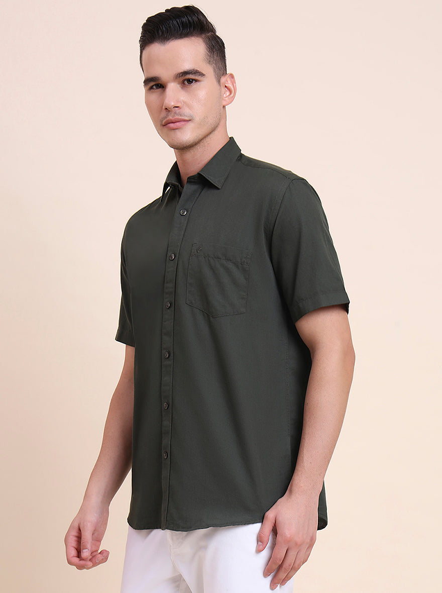 Olive Green Solid Smart Fit Semi Casual Shirt | Greenfibre