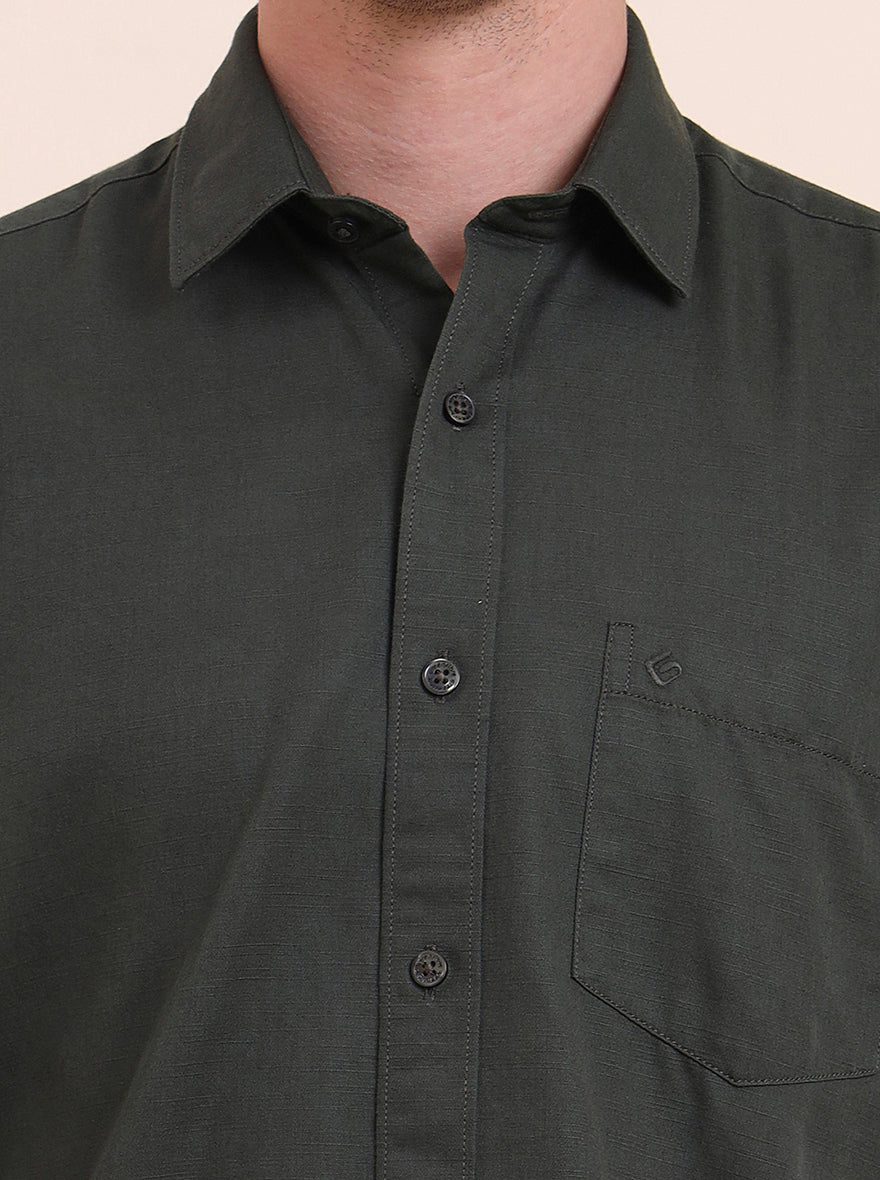 Olive Green Solid Smart Fit Semi Casual Shirt | Greenfibre