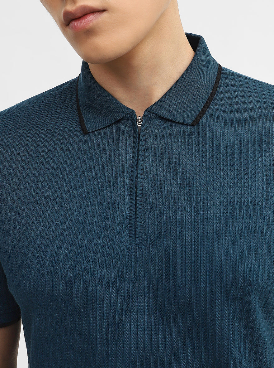 Teal Jacquard Slim Fit Polo T-Shirt | Greenfibre
