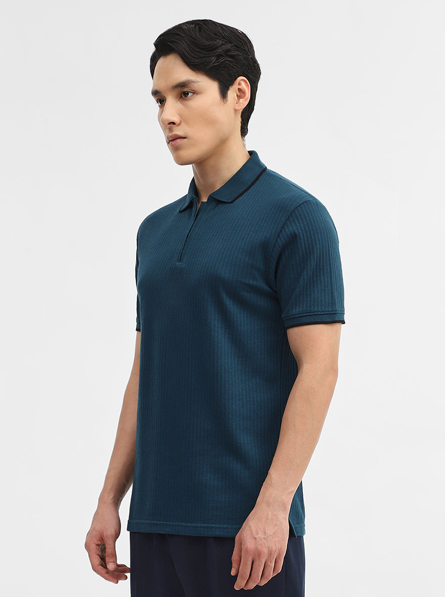 Teal Jacquard Slim Fit Polo T-Shirt | Greenfibre