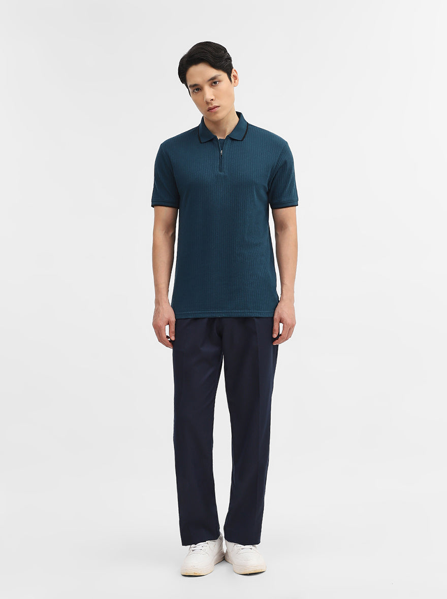 Teal Jacquard Slim Fit Polo T-Shirt | Greenfibre