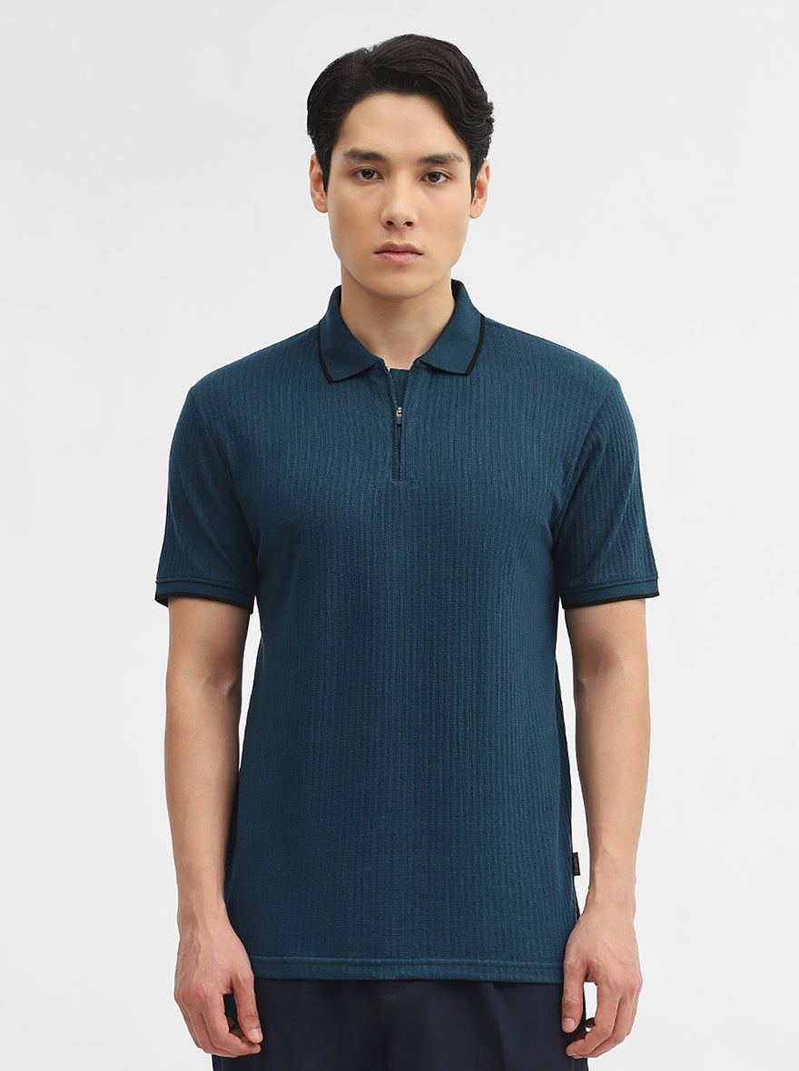Teal Jacquard Slim Fit Polo T-Shirt | Greenfibre