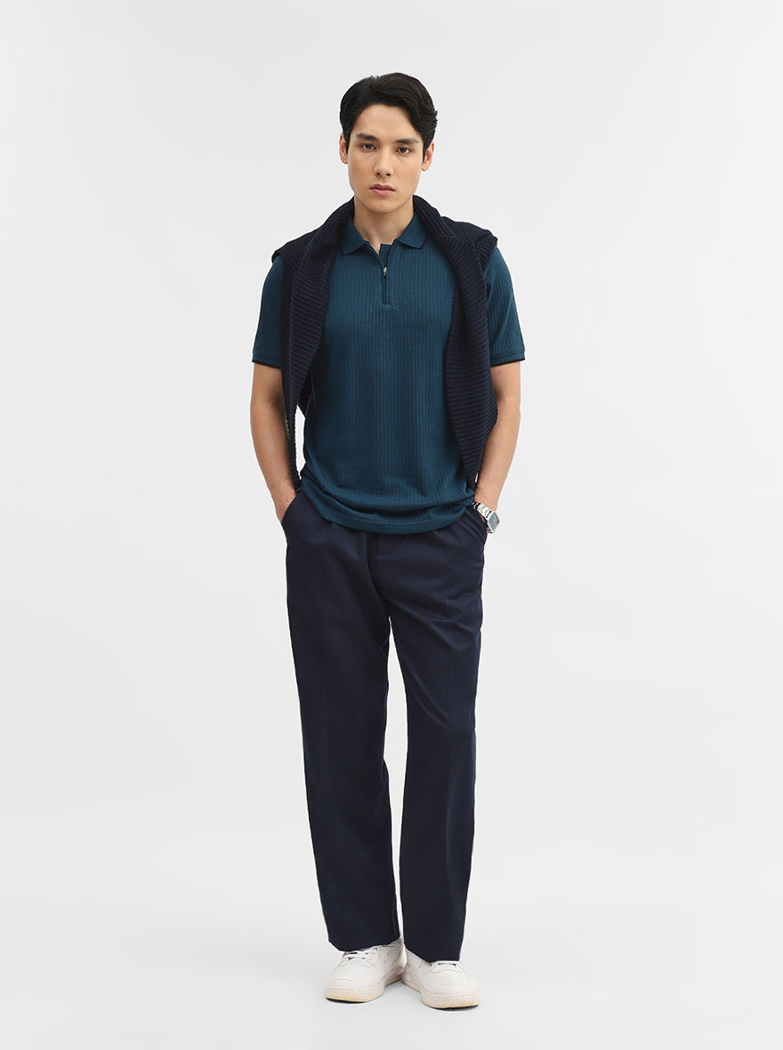 Teal Jacquard Slim Fit Polo T-Shirt | Greenfibre