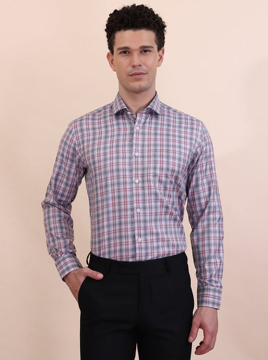 Grey & Red Checked Regular Fit Formal Shirt | Greenfibre