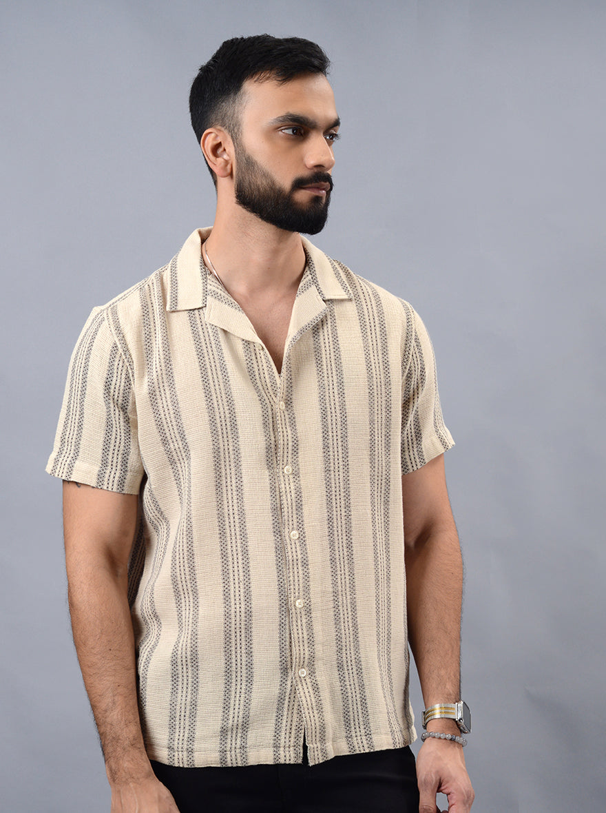 Beige Striped Slim Fit Casual Shirt | JadeBlue