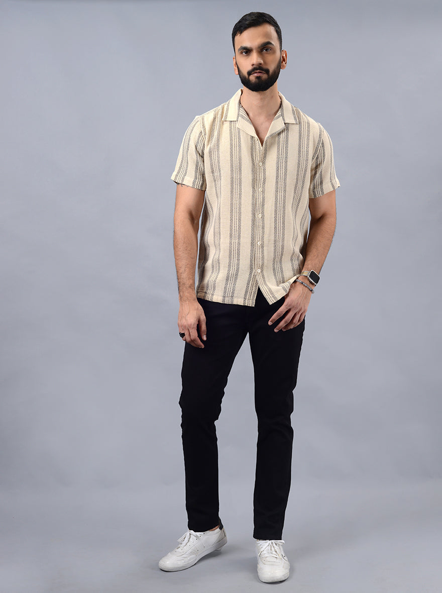 Beige Striped Slim Fit Casual Shirt | JadeBlue