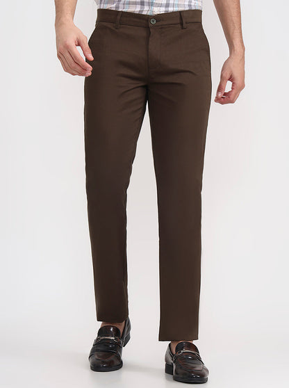 Olive Brown Solid Super Slim Fit Casual Trouser | Greenfibre
