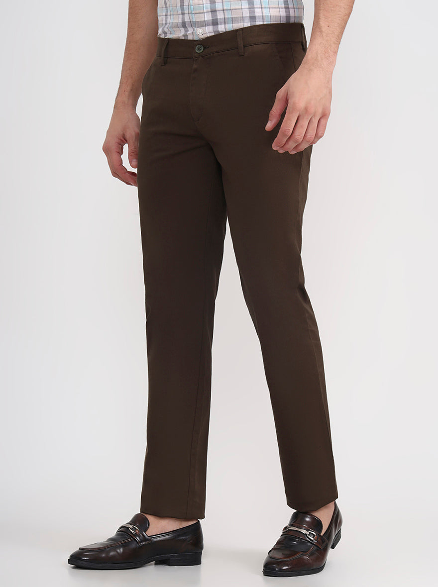 Olive Brown Solid Super Slim Fit Casual Trouser | Greenfibre