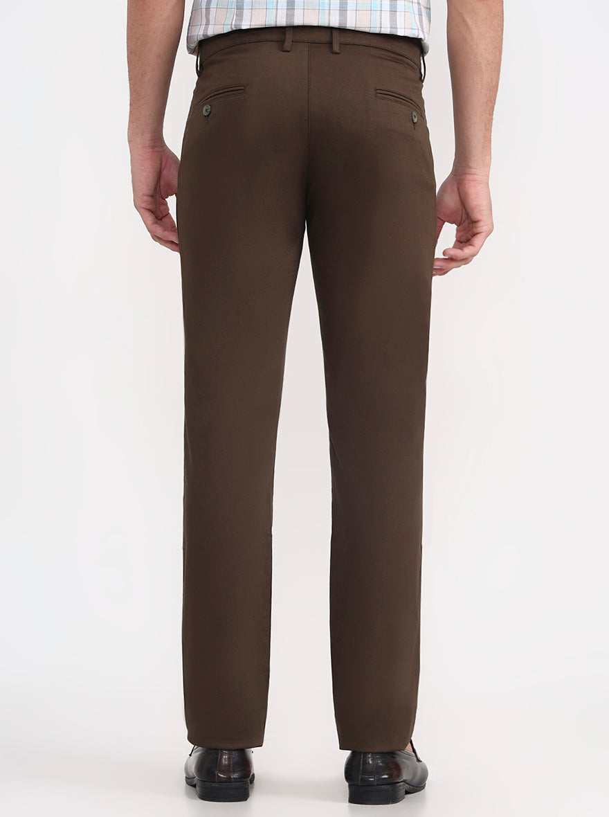 Olive Brown Solid Super Slim Fit Casual Trouser | Greenfibre