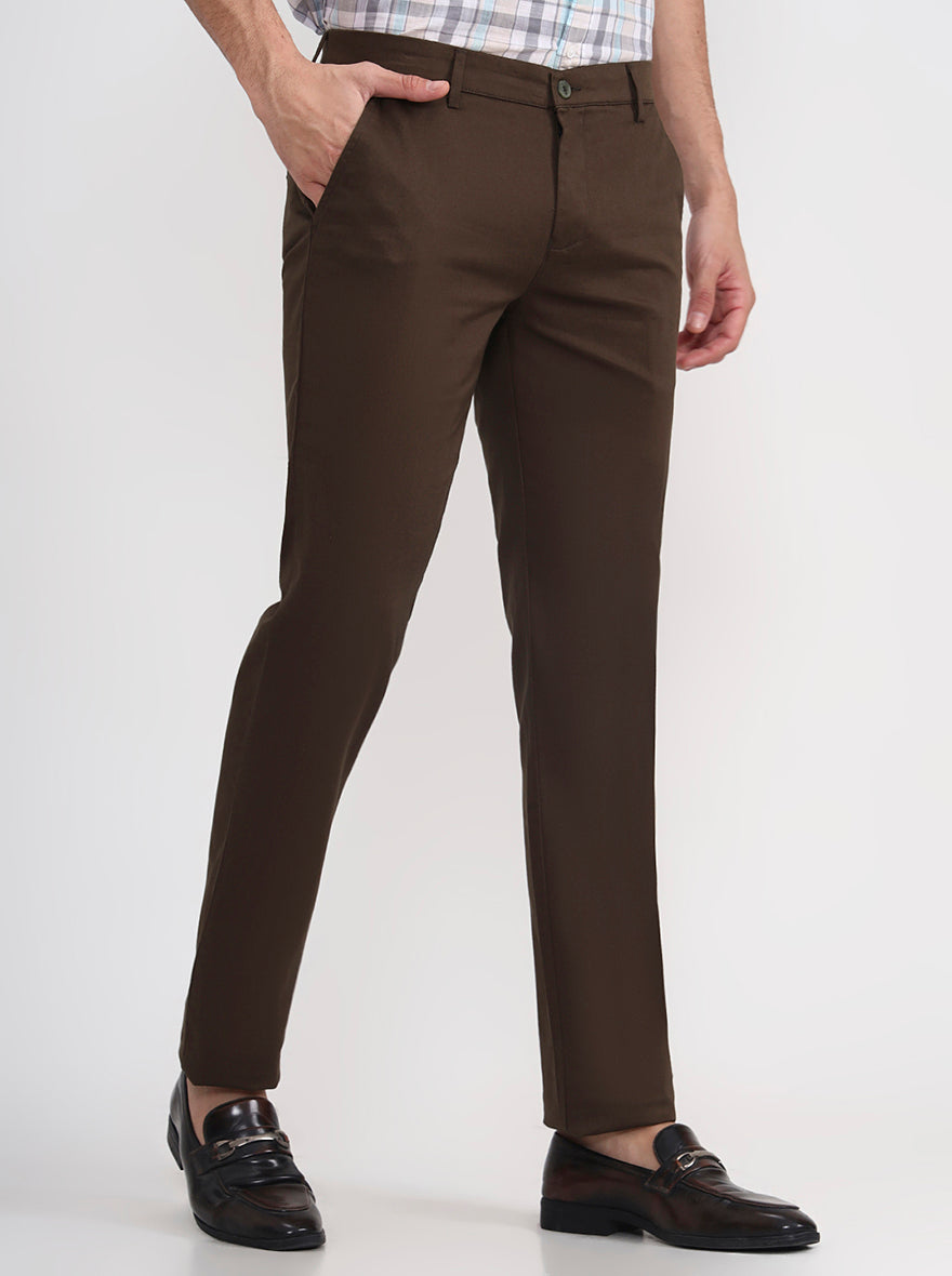 Olive Brown Solid Super Slim Fit Casual Trouser | Greenfibre
