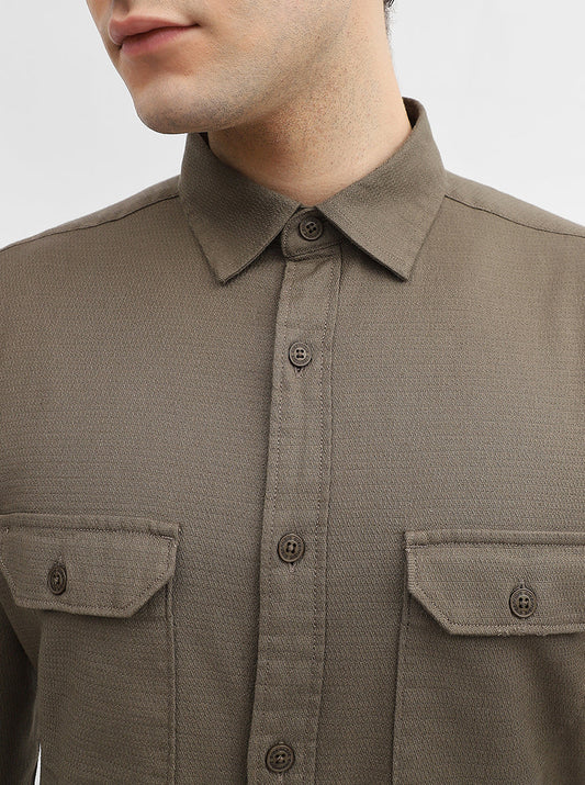 Olive Green Solid Slim Fit Casual Shirt | Greenfibre