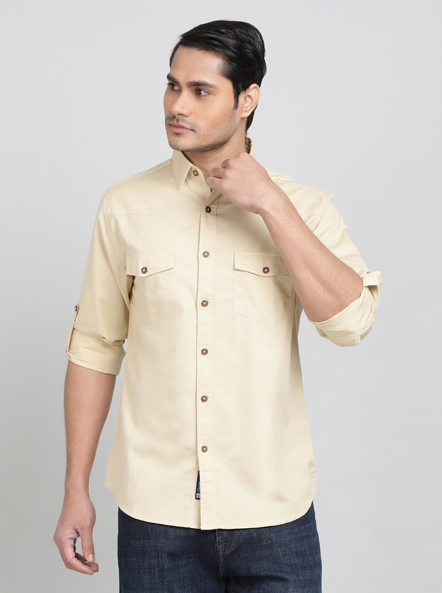 Beige Solid Slim Fit Casual Shirt | Greenfibre