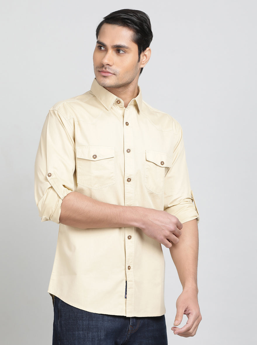 Beige Solid Slim Fit Casual Shirt | Greenfibre