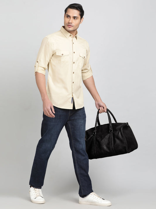 Beige Solid Slim Fit Casual Shirt | Greenfibre