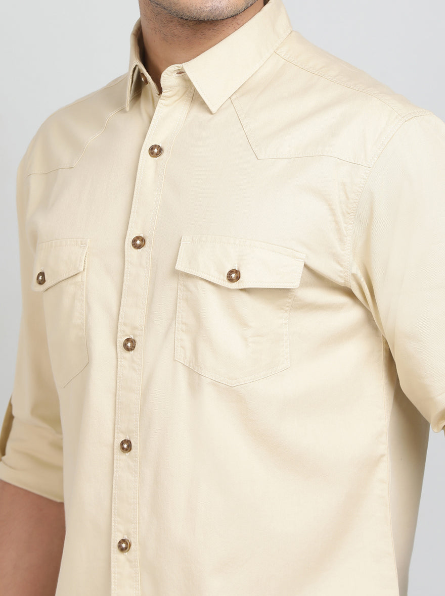 Beige Solid Slim Fit Casual Shirt | Greenfibre