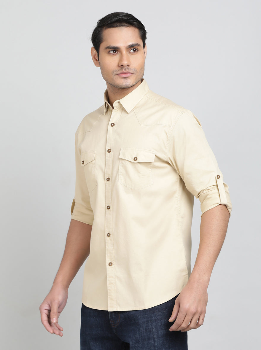 Beige Solid Slim Fit Casual Shirt | Greenfibre