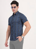 Blue Printed Slim Fit Casual Shirt | Greenfibre