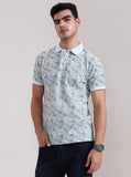 Light Blue Printed Slim Fit Polo T-Shirt | Greenfibre