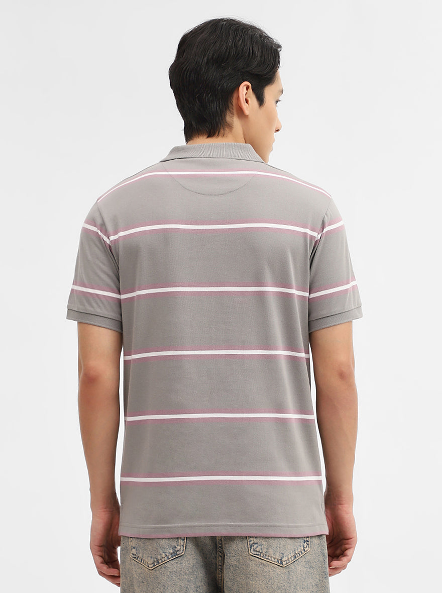 Light Grey & Pink Striped Slim Fit Polo T-Shirt | Greenfibre